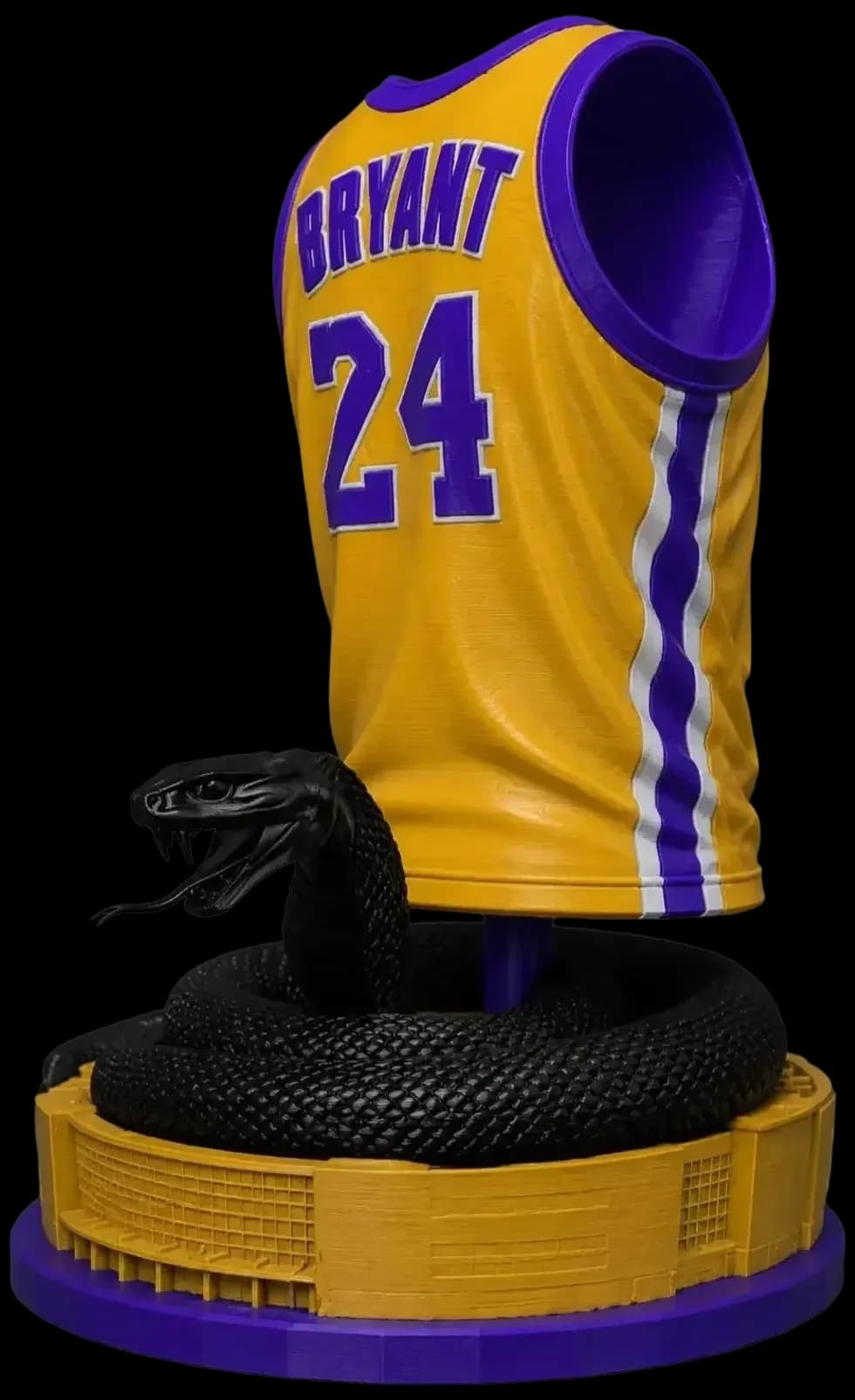 Close-up of a 3D printed basketball jersey display with embroidered name, number, and stitched detailing