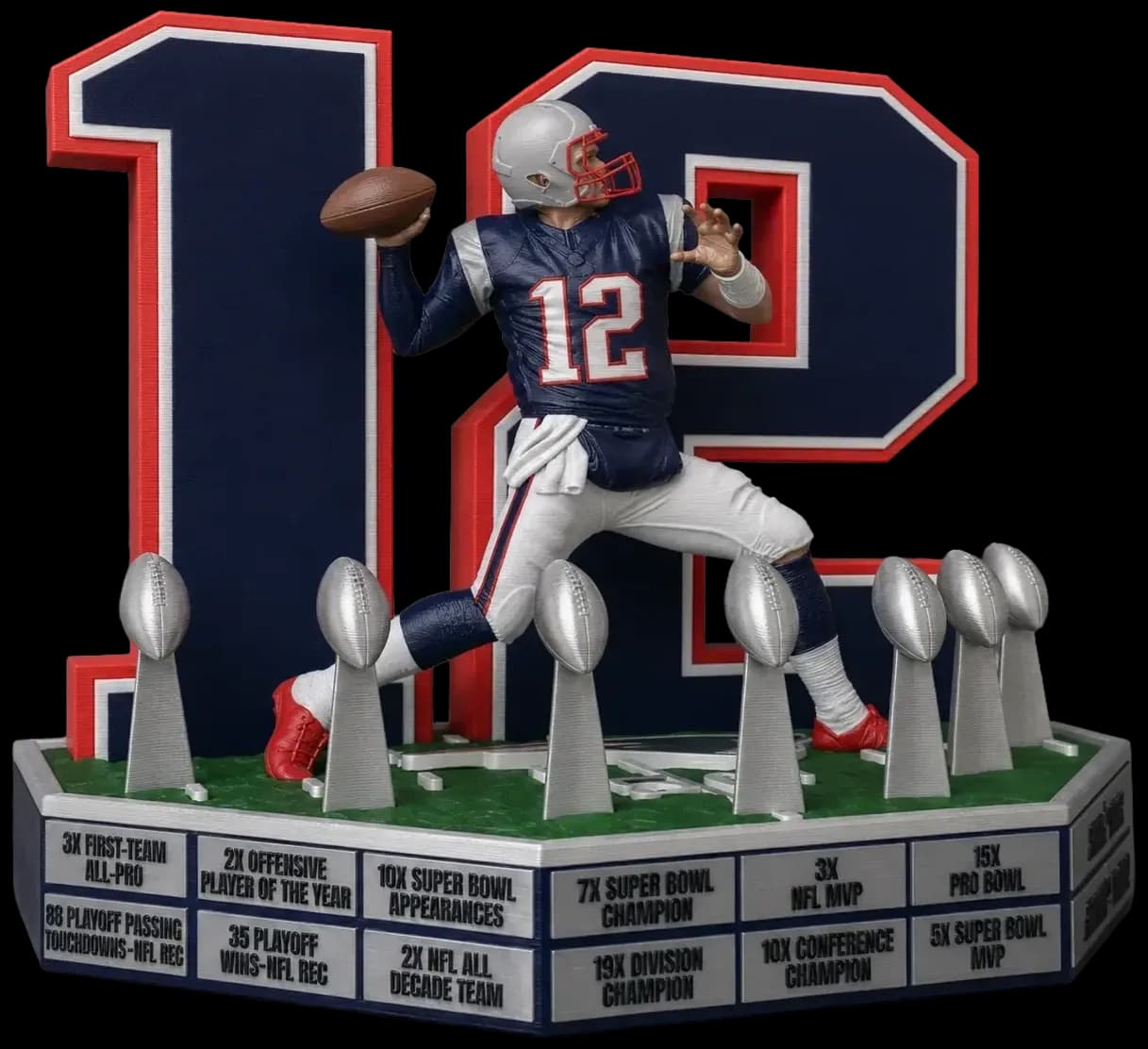 3D printed football player statue on a trophy-and-stat-plate sculptural base