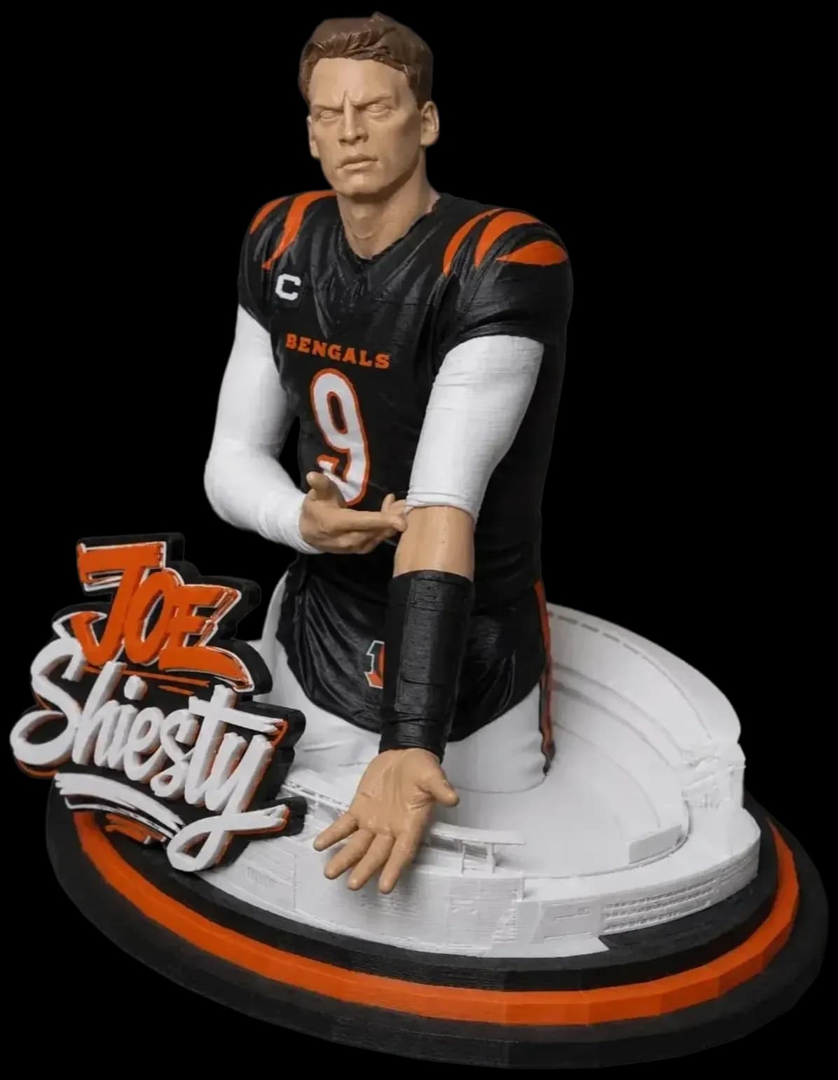 3D printed football player bust display mounted on a custom stadium-themed base