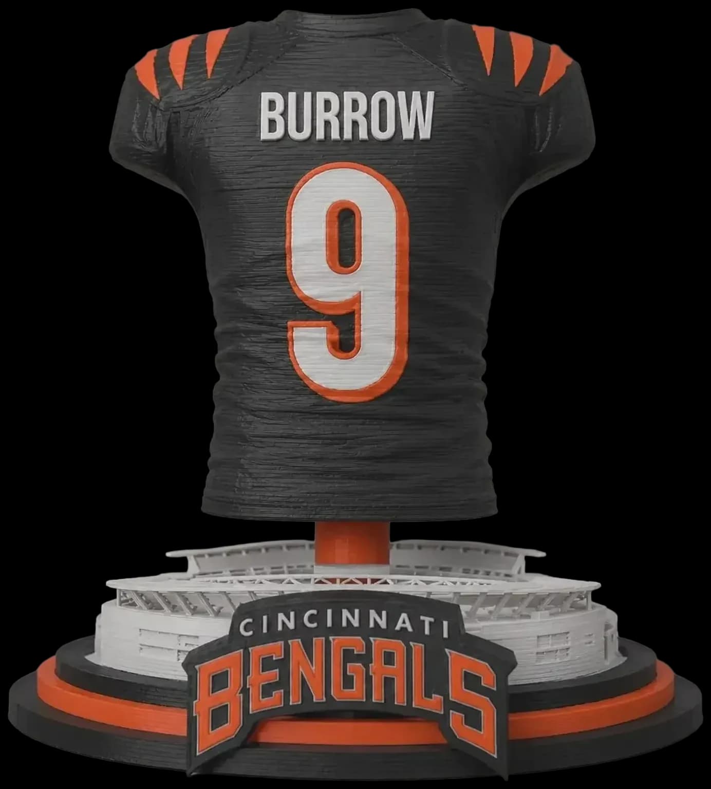 3D printed football jersey display with embroidered name and number, mounted on a stadium-themed base