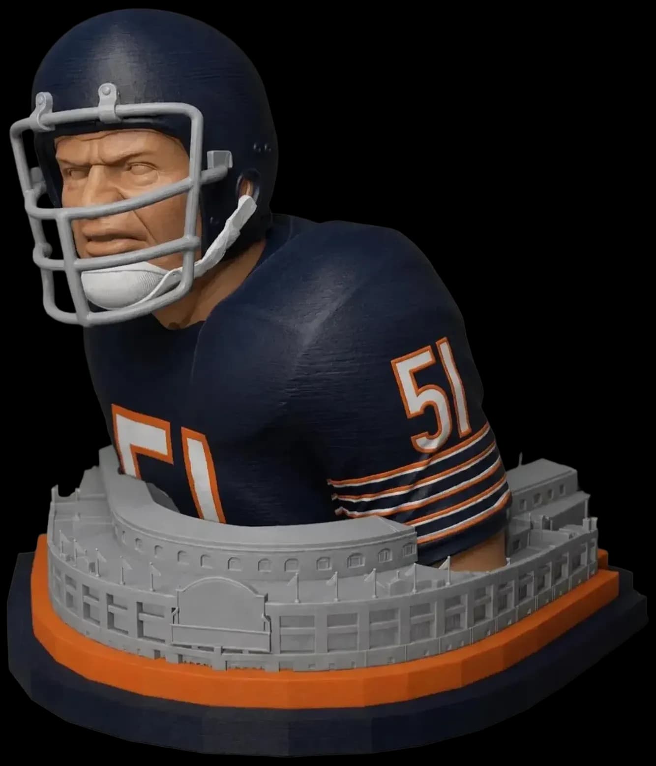 3D printed football player bust display mounted on a Soldier Field stadium-themed base