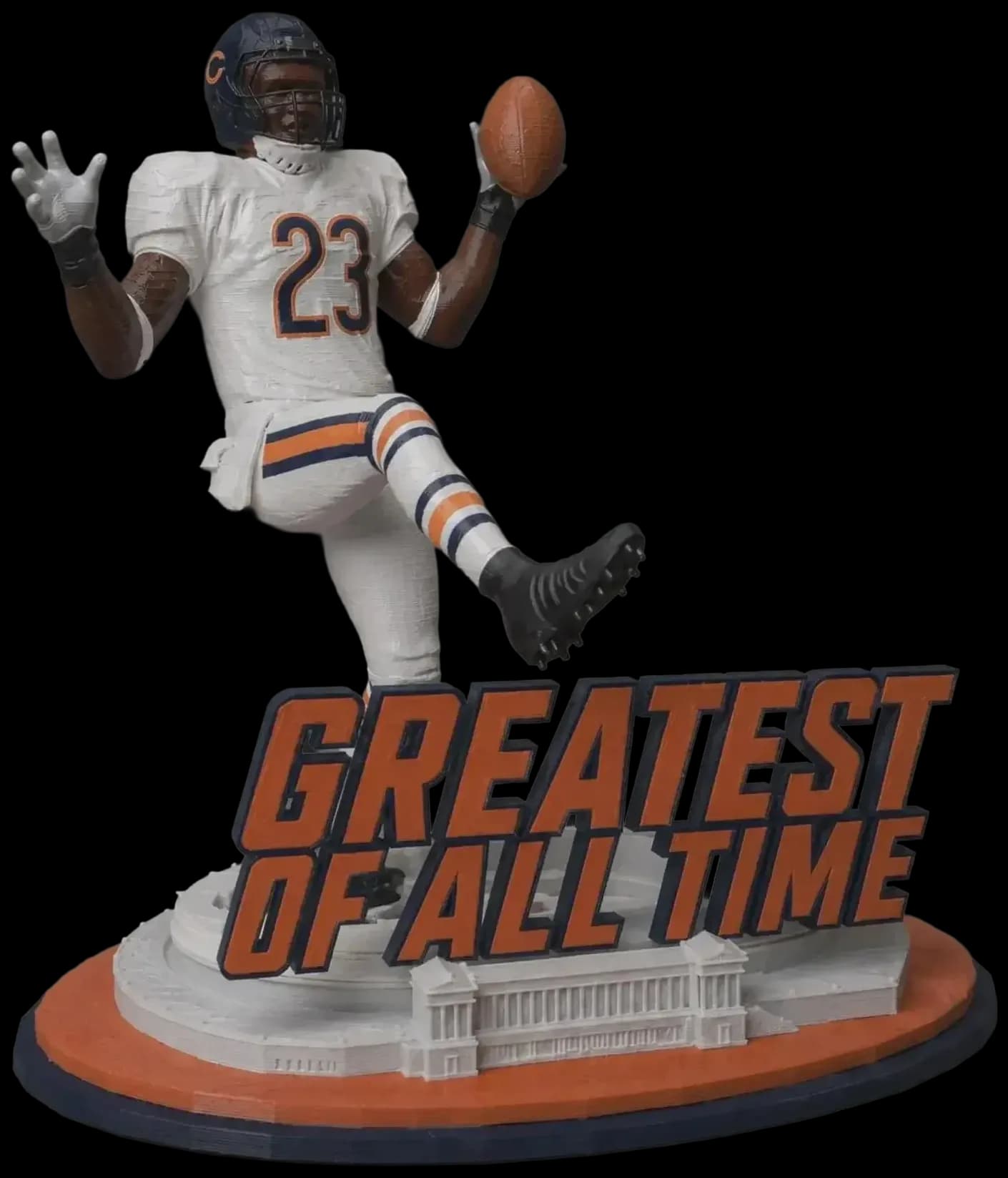 3D printed football player display in a dynamic pose, mounted on a stadium-themed base with a career nickname plate