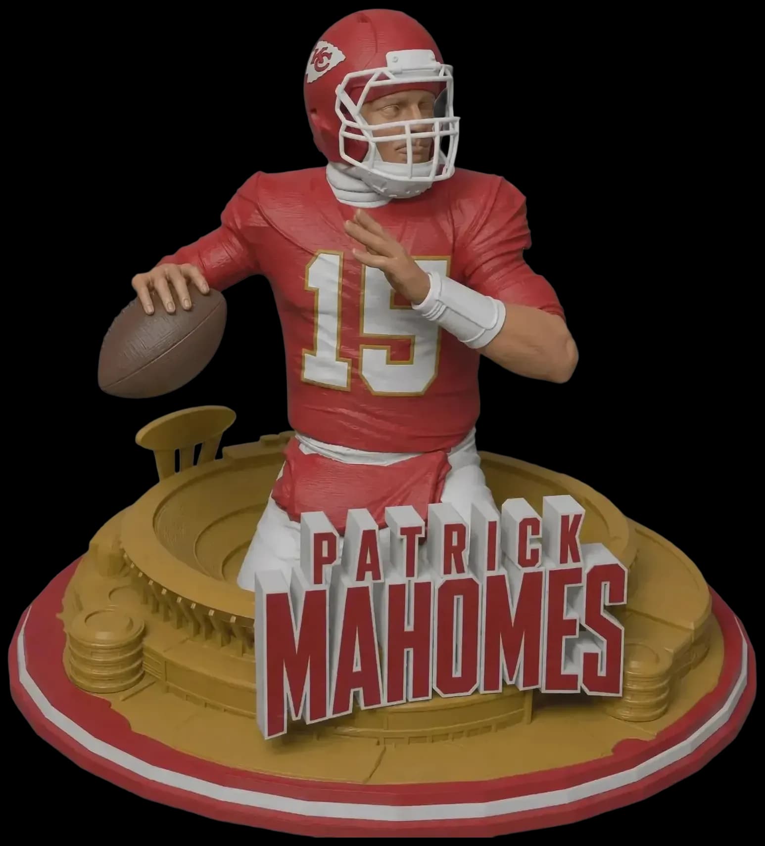 3D printed football player statue on a custom stadium-and-nameplate sculptural base