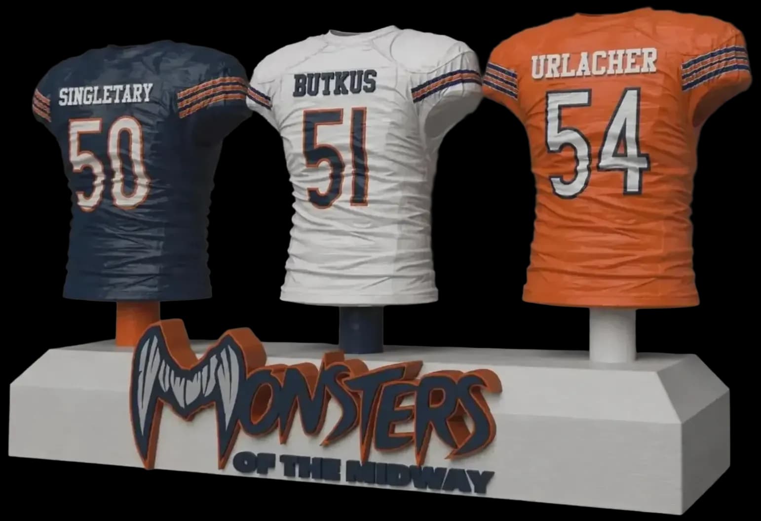 Three football jerseys with player names mounted together on a custom team nameplate base