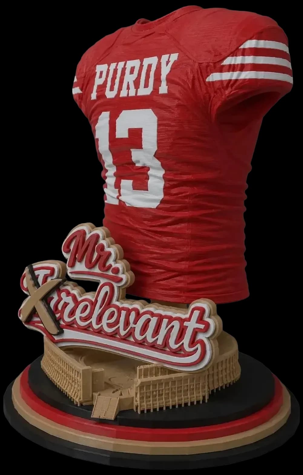 3D printed football jersey bust display with a custom nickname nameplate on a stadium-themed base