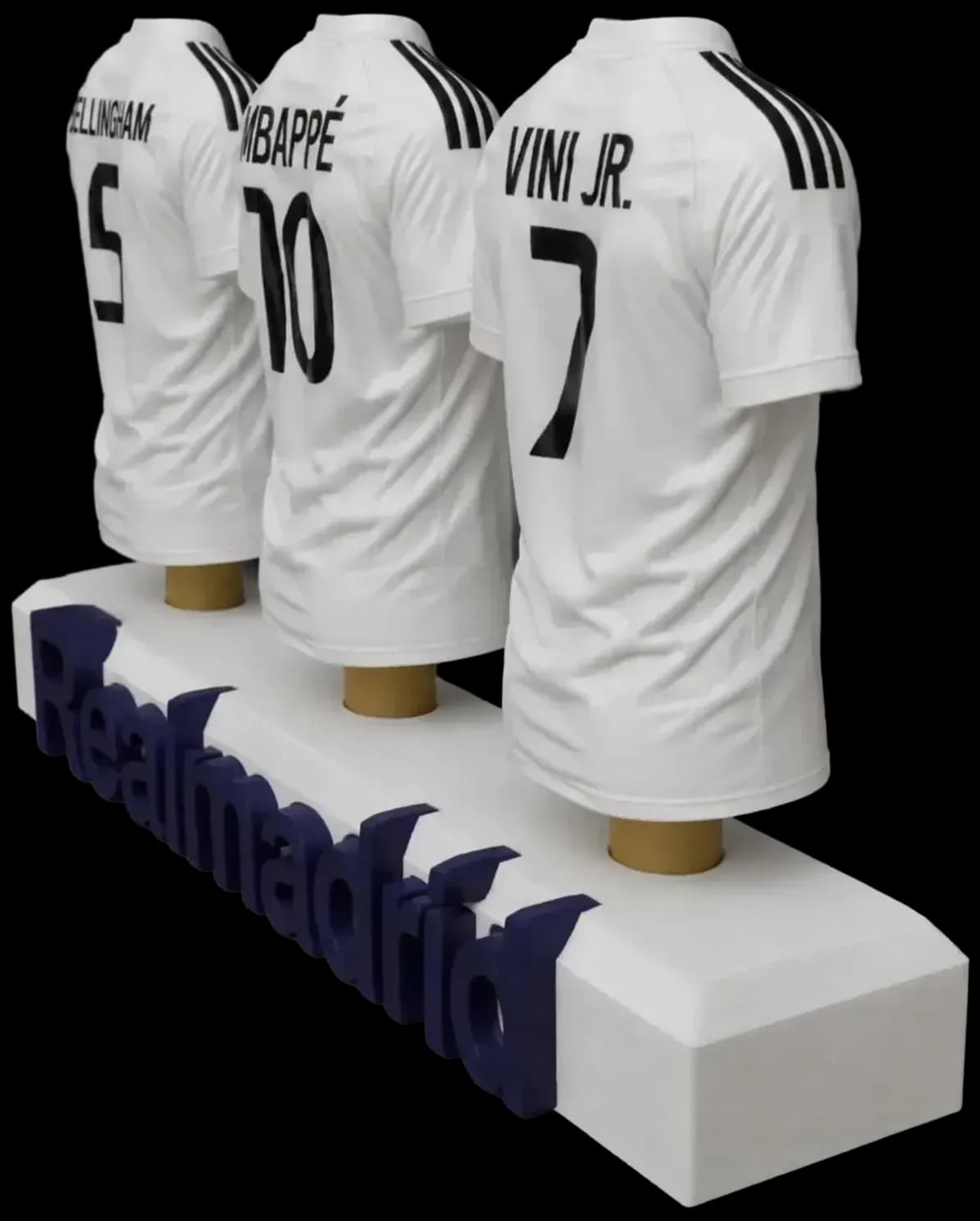 Three soccer jerseys with player names mounted together on a team-branded display base